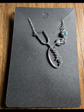 Silver Nurse Stethoscope Pendant Necklace with Teal Accent